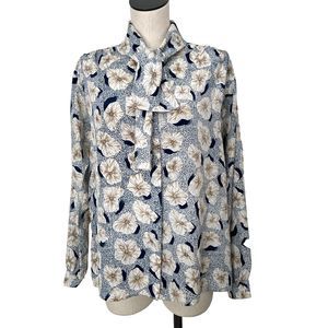 Alfred Dunner Blue Button Front Tie Neck Blouse Size 18 Vintage